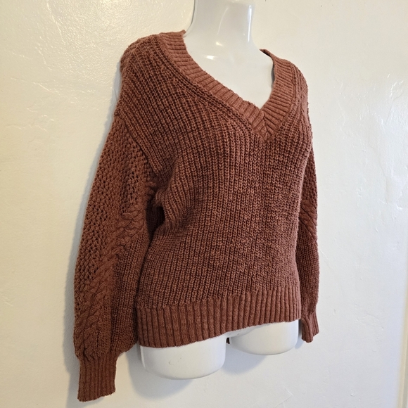 American Eagle - Rust V-Neck Hand Knit Oversized Sweater Cotton - Picture 7 of 15